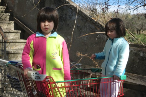 My nieces Allegra and Elettra inside a shopping cart 