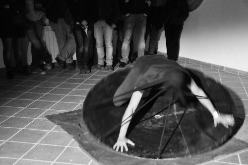 Nicola Antonelli during a performance for the Marco Pace’s exhibition at Borgo Rurale in Treglio