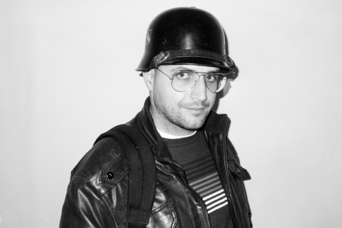 Me wearing a German helmet of World War II used in Nicola Antonelli's performance last night
