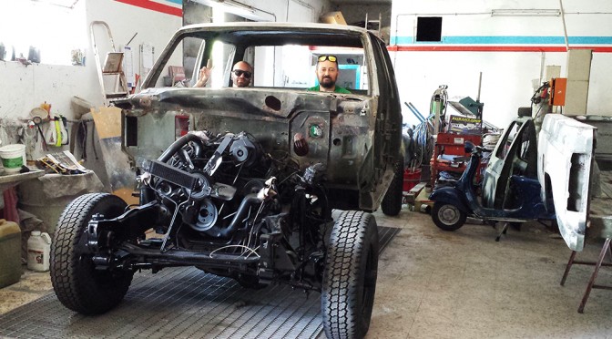 CARLO AND PAOLO IN THE GARAGE TO PAINT JUBECCA FORD