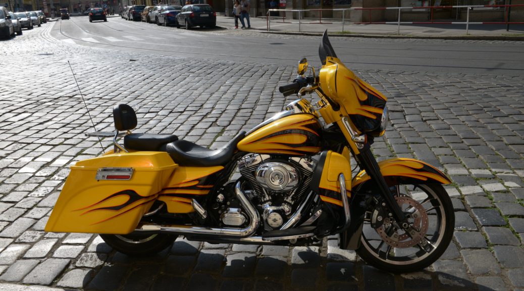 Yellow Harley-Davidson in Praga