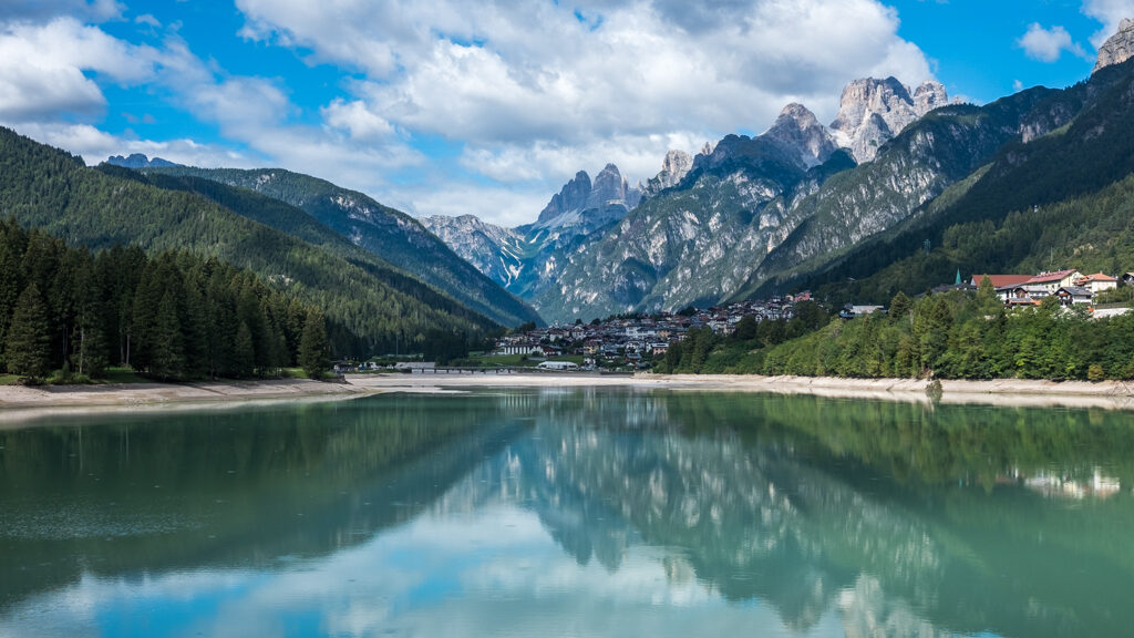 Auronzo di Cadore seen from the basin of Lake Santa Caterina
