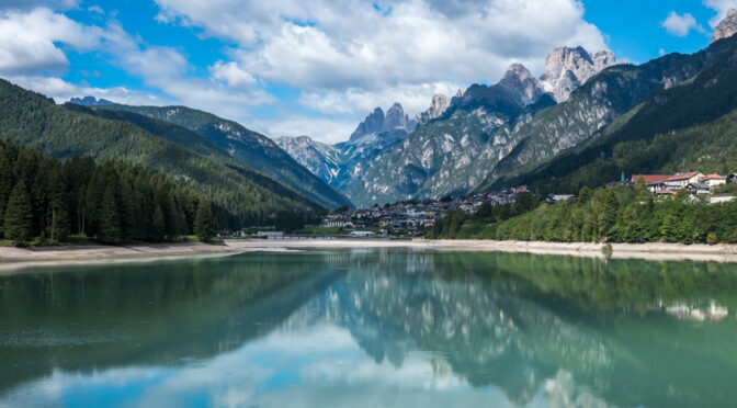Auronzo di Cadore seen from the basin of Lake Santa Caterina