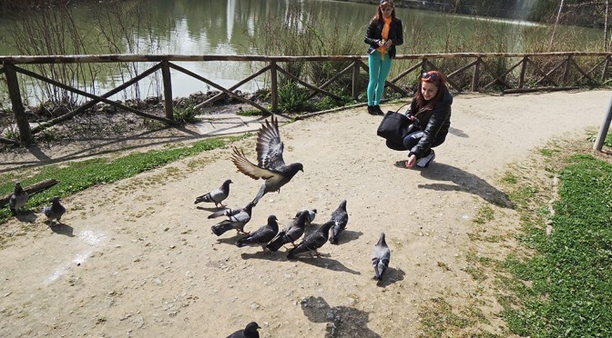 SOME GIRLS GIVE TO PIGEONS THEIR FEED AT PINETA DANNUNZIANA