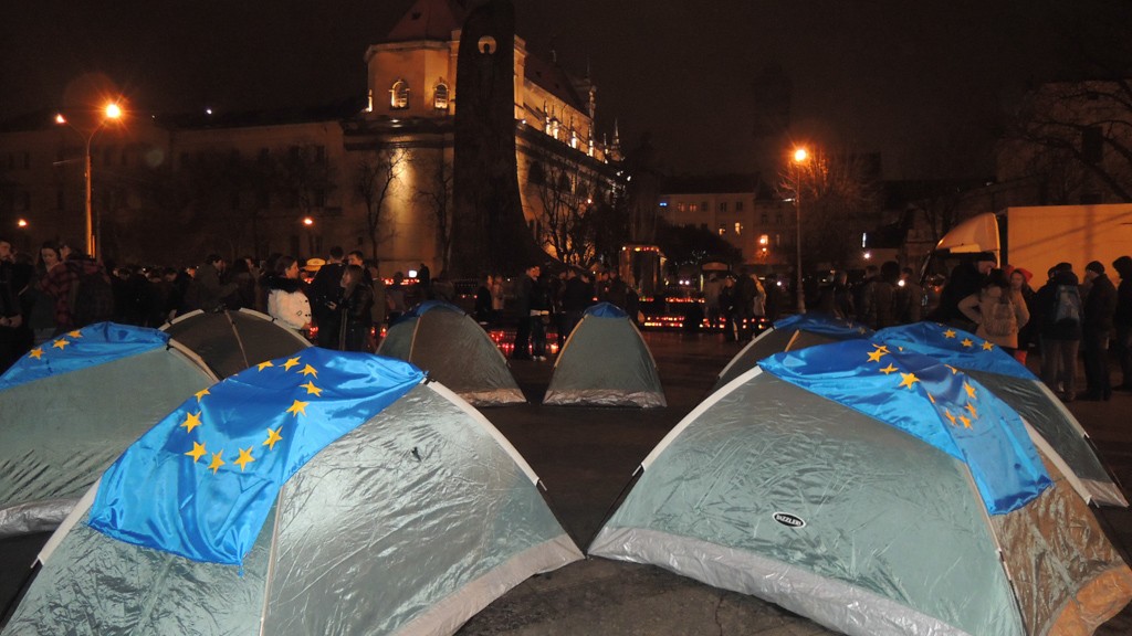 SOME EUROPEAN FLAGS ON THE TENTS IN THE SQUARE IN LVIV