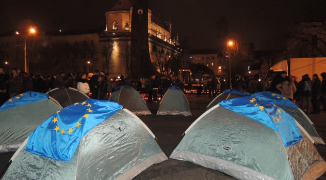 SOME EUROPEAN FLAGS ON THE TENTS IN THE SQUARE IN LVIV