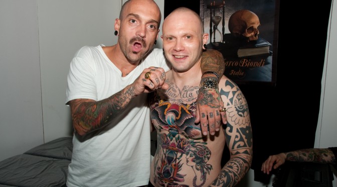 Maro Biondi with his new creation at the East Coast Tattoo Convention