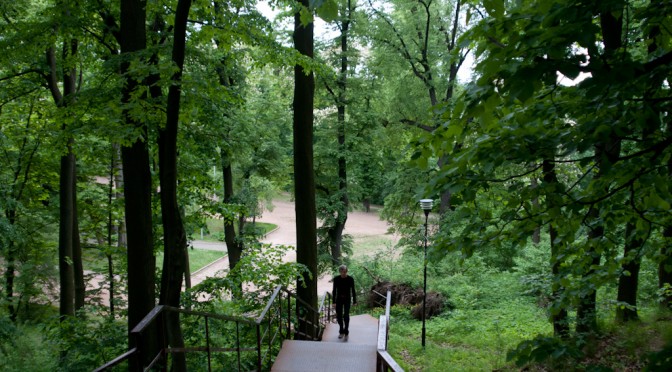 MAN IN BLACK AT THE VYSOKY ZAMOK PARK IN LVIV